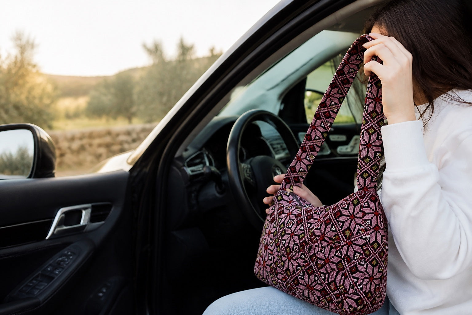 Person holding a patterned Pali Soul shoulder bag
